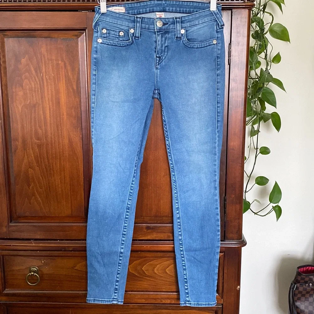 True Religion Halle Mid Rise Super Skinny Stretch no flap Midnight Frost wash - Picture 3 of 16